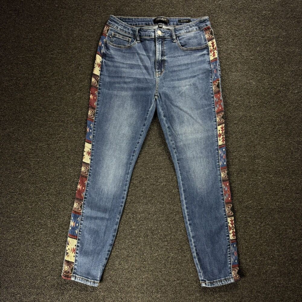 Judy Blue Relaxed Fit Jeans Tapered Aztec Print Paneled Distressed 15/32